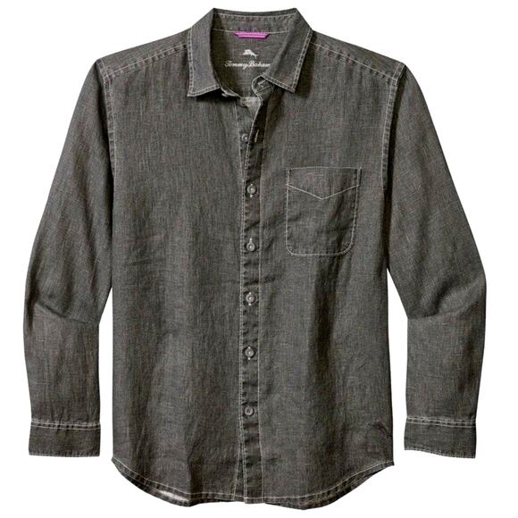 Tommy Bahama 100% Linen Shirt Mens 2XLB Long Sleeve Charcoal Black Breezer $110 - Picture 1 of 12